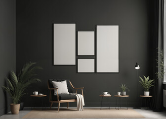 Modern black living room interior with a blank poster on the wall, plants, and furniture on a concrete background, mockup