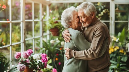 Two elderly people hug each other in a greenhouse