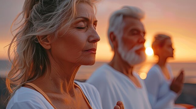 A woman and two men are sitting on the beach, meditating