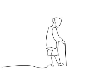 old senior woman walking stick life one line art design vector