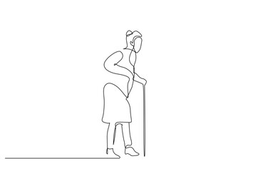 old senior woman walking stick life one line art design vector