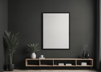 Modern black living room interior with a blank poster on the wall, plants, and furniture on a concrete background, mockup