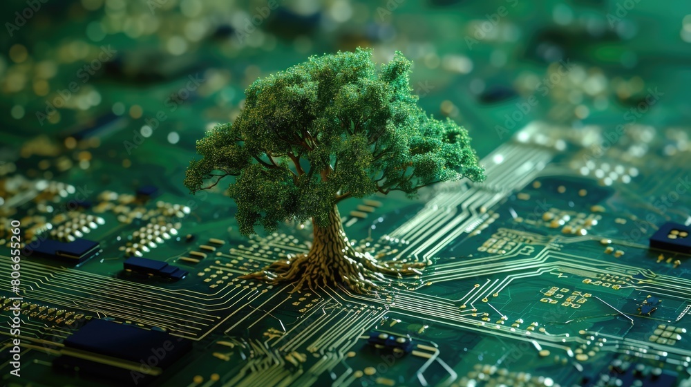 Poster the bottom angle view of the growing green tree on the cpu on the land of the greenish mainboard and