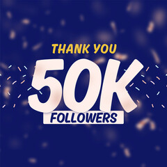 Thank you 50k followers celebration with gold rose pink blurry confetti on blue background