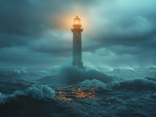 Fototapeta premium Illustrate Leadership Principles with a CG 3D rendering of a towering lighthouse amidst stormy seas, symbolizing resilience, vision, and guidance in turbulent times