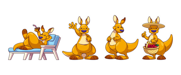 Cute and funny kangaroo animal character cartoon vector. Happy cheerful australian mascot waving, lying on tropical resort sunbed and holding basket with apple. Zoo game mammal asset design set
