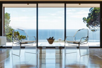 Modern simplicity in two acrylic chairs and a glass table, set against the backdrop of a panoramic...