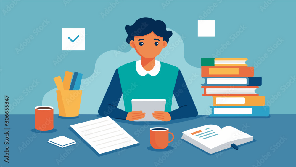 Poster a student sits at a desk covered in paperwork surrounded by open textbooks and an empty coffee cup t