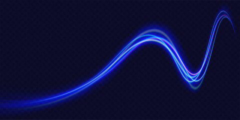 Blue light trail, wave speed, trace line twirl. Abstract light lines of movement and speed with white color glitters.