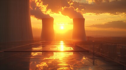 Sunset glow over nuclear power plant