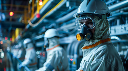 Naklejka premium Industrial workers with protective gear in factory