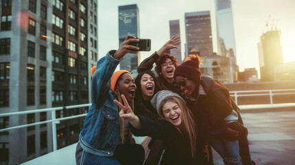 Urban friends taking selfie at sunset