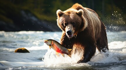 Brown bear catching a fish in the river looking at camera