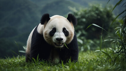 Fototapeta premium a panda bear with black eyes and a white face with black eyes Exploring the Enigmatic World of Panda