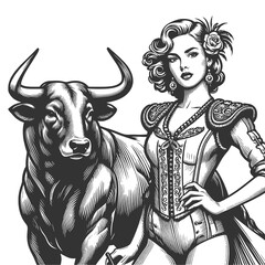 Fototapeta premium Matador Bullfighter Spanish woman in traditional attire beauty with bull sketch engraving generative ai fictional character raster illustration. Scratch board imitation. Black and white image.
