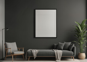 Modern black living room interior with a blank poster on the wall, plants, and furniture on a concrete background, mockup