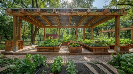 A community garden thriving beneath the shade of a canopy made from recycled solar tiles, promoting sustainability at the grassroots level.