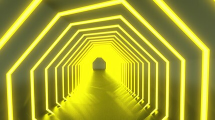Zigzag pattern of vibrant yellow arcs in a lively tunnel, grey background.
