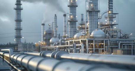 a sprawling industrial refinery under twilight, showcasing the intricate network of pipes and towers.