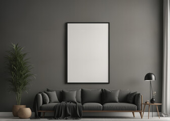 Modern black living room interior with a blank poster on the wall, plants, and furniture on a concrete background, mockup