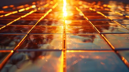 Close-up shot of sunlight glistening off solar tiles, highlighting their reflective surface and energy-absorbing capabilities.