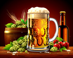 A mug of beer sits on a table with a bunch of hops and a bottle of beer