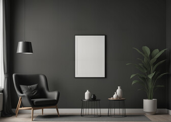 Modern black living room interior with a blank poster on the wall, plants, and furniture on a concrete background, mockup