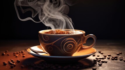 Hot Coffee in cup on plate on wooden table with seeds dark view