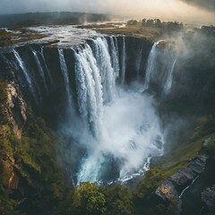 The mist from the sky over a majestic waterfall