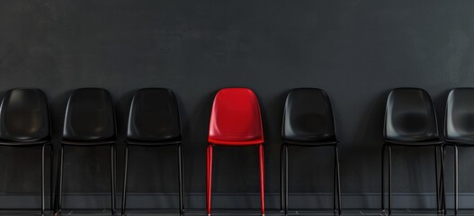 Red chair stands out among rows of black chairs.Generative ai.