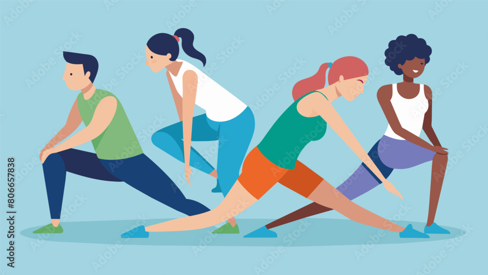Poster a group stretching session focused on loosening tight muscles and promoting proper body alignment fo