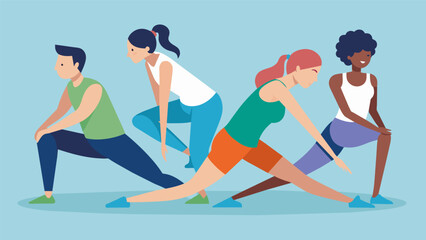 A group stretching session focused on loosening tight muscles and promoting proper body alignment for improved posture.. Vector illustration
