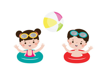 Cute kids wearing float rings on inflatable playing ball in Pool party, cartoon charact flat style vector illustration on white background