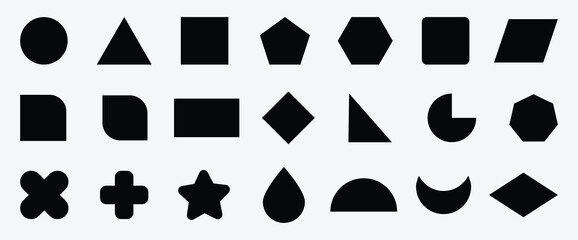 Abstract and basic shapes collection. Vector basic shape. Geometric formal shape. Polygonal elements. Modern trendy minimalist basic figures, lines, circles, hexagon, star, triangle flat style. Vector