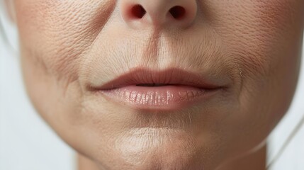 Close-up of Woman's Lips and Lower Face, Subtle Beauty Portrait. Simplistic elegance in a human feature focus. White background highlights minimalism. AI