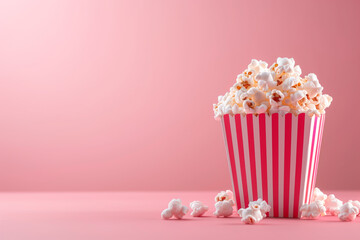 A red and white striped popcorn bucket full of fluffy, buttery popcorn, bold colors of background