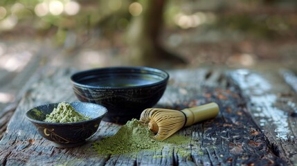 A black bowl with matcha powder, a black bowl with water, and a bamboo whisk on a wooden table outdoors.