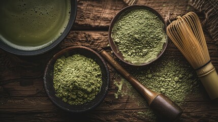 There are two bowls of matcha powder, a ceramic cup of matcha, and a bamboo whisk on a wooden table.