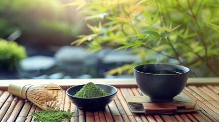 A ceramic bowl filled with matcha powder and a ceramic cup filled with matcha tea sit on a bamboo mat. A bamboo whisk rests on the mat next to the bowl.