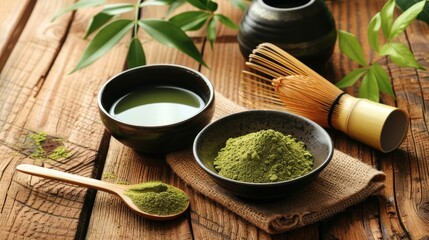 A wooden table with a bowl of green tea powder, a bamboo whisk, a ceramic bowl of matcha tea.