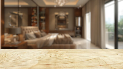 Empty wood table top with blur background of bedroom interior.