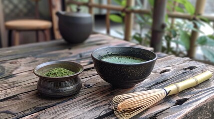A matcha tea set on a wooden table including a bowl of matcha, a bamboo whisk, and a container of...