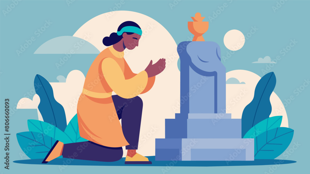 Poster a person kneeling in front of their own sculpture worshiping and honoring the mastery and strength t