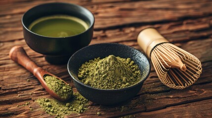 A matcha tea bowl filled with matcha powder and a bamboo whisk on a wooden table.