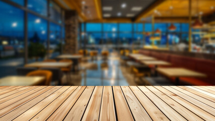 Wooden Table in Front of a Blurry Restaurant Night Scene