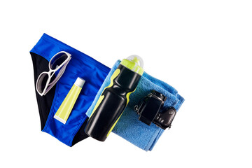 Male accessories for swimming in pool isolated on white background. Adventure-ready kit: Men's...