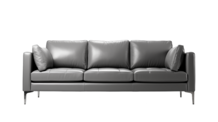 Modern grey leather couch sofa with pillows on top, furniture , front view, isolated on transparent background png