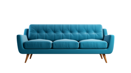 Blue couch sofa furniture , front view,  isolated on transparent background png