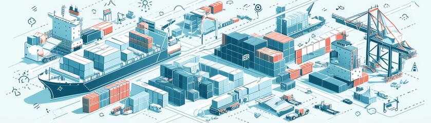 Port logistics isometric illustration with cranes unloading cargo containers from a ship, dynamic line work