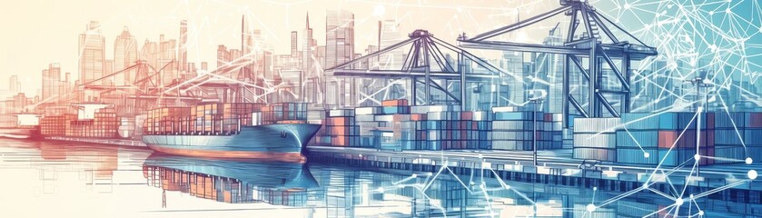 Port logistics isometric illustration with cranes unloading cargo containers from a ship, dynamic line work